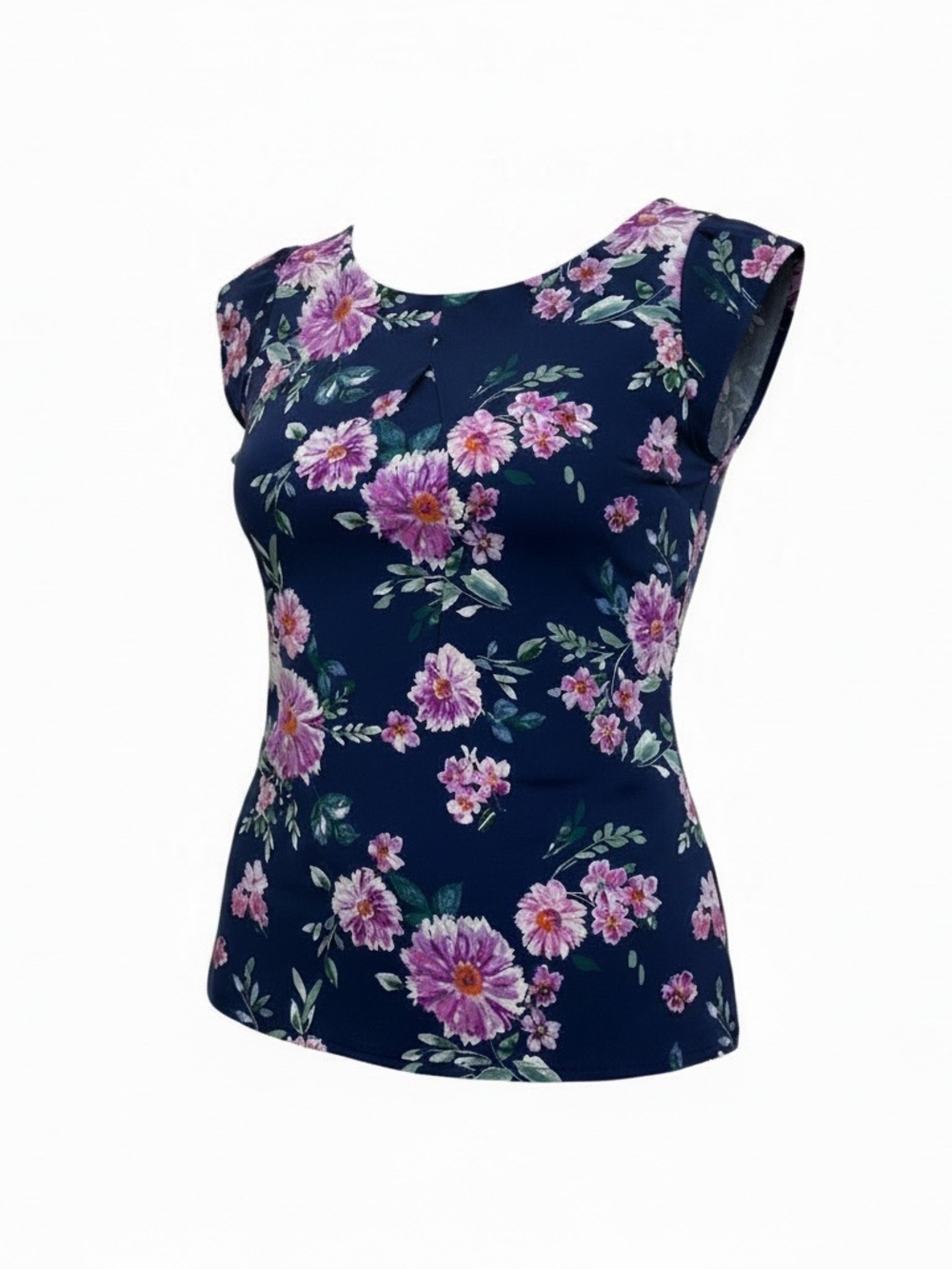 ANDREE BY UNIT Navy Sleeveless Floral Blouse with Pink & Purple Flowers